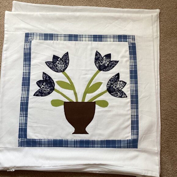 4 Big Handmade Cushion Covers Floral Applique Blue White 24" Square Country Home - Picture 2 of 4